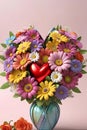 Bouquet of colorful flowers in a vase with a heart.