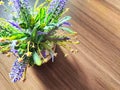 Colorful bouquet of gentle spring flowers placed on a rustic wooden table. Background, place for text, copy space Royalty Free Stock Photo