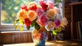 colorful bouquet of roses in shades of pink, orange, and decorative vase. The vase sits on a wooden table by a sunny Royalty Free Stock Photo