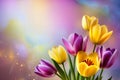 A colorful bouquet tulips with a purple and yellow flower in the middle Royalty Free Stock Photo