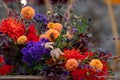 Colorful bouquets of autumn flowers on defocused background with copy space for text