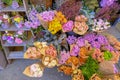 Colorful bouquets of different kinds of flowers in the market. Top view. Gift shop. Flowers shop