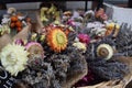 Colorful bouquets of dried flowers.