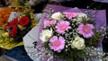 Colorful bouquets of flowers presented in shopping mall, floristics business