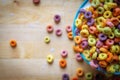 Colourful Bowl of Cereal on Wooden Table Top Flat Lay Royalty Free Stock Photo