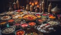 A colorful bowl of Indian curry, chili pepper and spices generated by AI