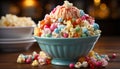 A colorful bowl of sweet candy on a dessert table generated by AI Royalty Free Stock Photo