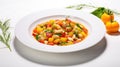 A colorful bowl of vegetable stew beautifully presented on a white plate, showcasing a nutritious and appetizing meal