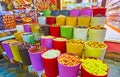 The colorful bowls of Dubai Old Souk spice shop, UAE Royalty Free Stock Photo