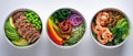 The colorful bowls of fresh seafood, chicken, and vegetables on a flat surface. AI generated image Royalty Free Stock Photo