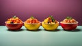 Colorful bowls of fresh vegetables and pasta and legumes. Generative AI Royalty Free Stock Photo