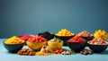 Colorful bowls of fresh vegetables and pasta and legumes. Generative AI Royalty Free Stock Photo