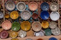 colorful bowls and platters on display in a traditional Moroccan arts and crafts shop Royalty Free Stock Photo