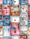Colorful boxes filled with buttons and fabrics Royalty Free Stock Photo