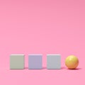 Colorful boxes and a yellow sphere on pink background.