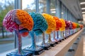 Colorful Brain Anatomical Models Displayed in a Row on a White Shelf with a Blurred Background Royalty Free Stock Photo