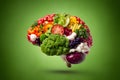 Colorful brain composed of vegetables, veganism and environmentalism concept