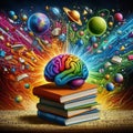 Colorful brain illustration with books and planets Royalty Free Stock Photo