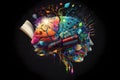 Colorful brain sketch in the center of education icons. AI generative