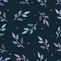 Colorful branch with blue, purple, pink leaves on dark blue background. Seamless pattern.