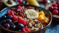 Healthy breakfast bowl with muesli, fruits , berries and Nuts