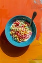 Colorful breakfast cereal in a blue bowl with milk on vibrant background Royalty Free Stock Photo