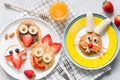 Colorful breakfast meal for kids. Funny Easter food art, top view Royalty Free Stock Photo