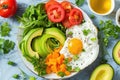 A colorful breakfast platter with fried eggs, fresh vegetables, and avocado slices