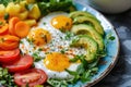 A colorful breakfast platter with fried eggs, fresh vegetables, and avocado slices