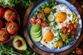 A colorful breakfast platter with fried eggs, fresh vegetables, and avocado slices