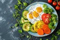 A colorful breakfast platter with fried eggs, fresh vegetables, and avocado slices