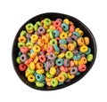 Colorful Breakfast Rings Pile in Bowl Isolated. Fruit Loops, Fruity Cereal Rings, Colorful Corn Cereals Royalty Free Stock Photo