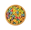 Colorful Breakfast Rings Pile in Bowl Isolated. Fruit Loops, Fruity Cereal Rings, Colorful Corn Cereals Royalty Free Stock Photo