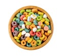 Colorful Breakfast Rings Pile in Bowl Isolated. Fruit Loops, Fruity Cereal Rings, Colorful Corn Cereals Royalty Free Stock Photo