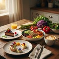 Colorful breakfast spread featuring desserts, salad, and coffee in a sunlit kitchen Royalty Free Stock Photo