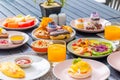 Colorful breakfast spread on table with Royalty Free Stock Photo