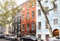 Colorful brick facades of typical lower Manhattan apartment buildings in New York.