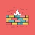 Colorful Brick Wall with Fire Illustration on Red Background Royalty Free Stock Photo