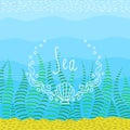 Colorful bright background on sea theme. Fun frame hand-drawn for your text. Royalty Free Stock Photo