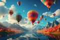 Colorful bright balloons in the sky over the mountains