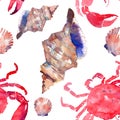 Colorful bright beautiful lovely summer sea tasty delicious pattern of red crabs and tender pastel seashells watercolor hand illus Royalty Free Stock Photo