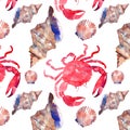 Colorful bright beautiful lovely summer sea tasty delicious pattern of red crabs and tender pastel seashells watercolor hand illus Royalty Free Stock Photo