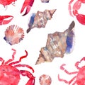 Colorful bright beautiful lovely summer sea tasty delicious pattern of red crabs and tender pastel seashells watercolor hand illus Royalty Free Stock Photo