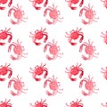 Colorful bright beautiful lovely summer sea tasty delicious pattern of red crabs watercolor hand illustration