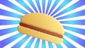 Colorful and bright burger on a blue and yellow background with stripes, vector illustration. appetizing burger on a staged