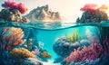Colorful bright cartoon seascape with algae corals and rocks with azure water in watercolor style.