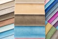 Colorful and bright curtains fabric pattern palette texture samples as abstract textile background. Handmade, clothes and