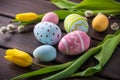 Colorful Easter eggs with yellow Tulip hand painted on a dark wooden background. Holiday spring card Royalty Free Stock Photo