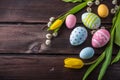 Colorful Easter eggs with yellow Tulip hand painted on a dark wooden background. Holiday spring card Royalty Free Stock Photo