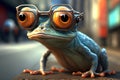 colorful bright frog in glasses sits on a city street - Generative AI